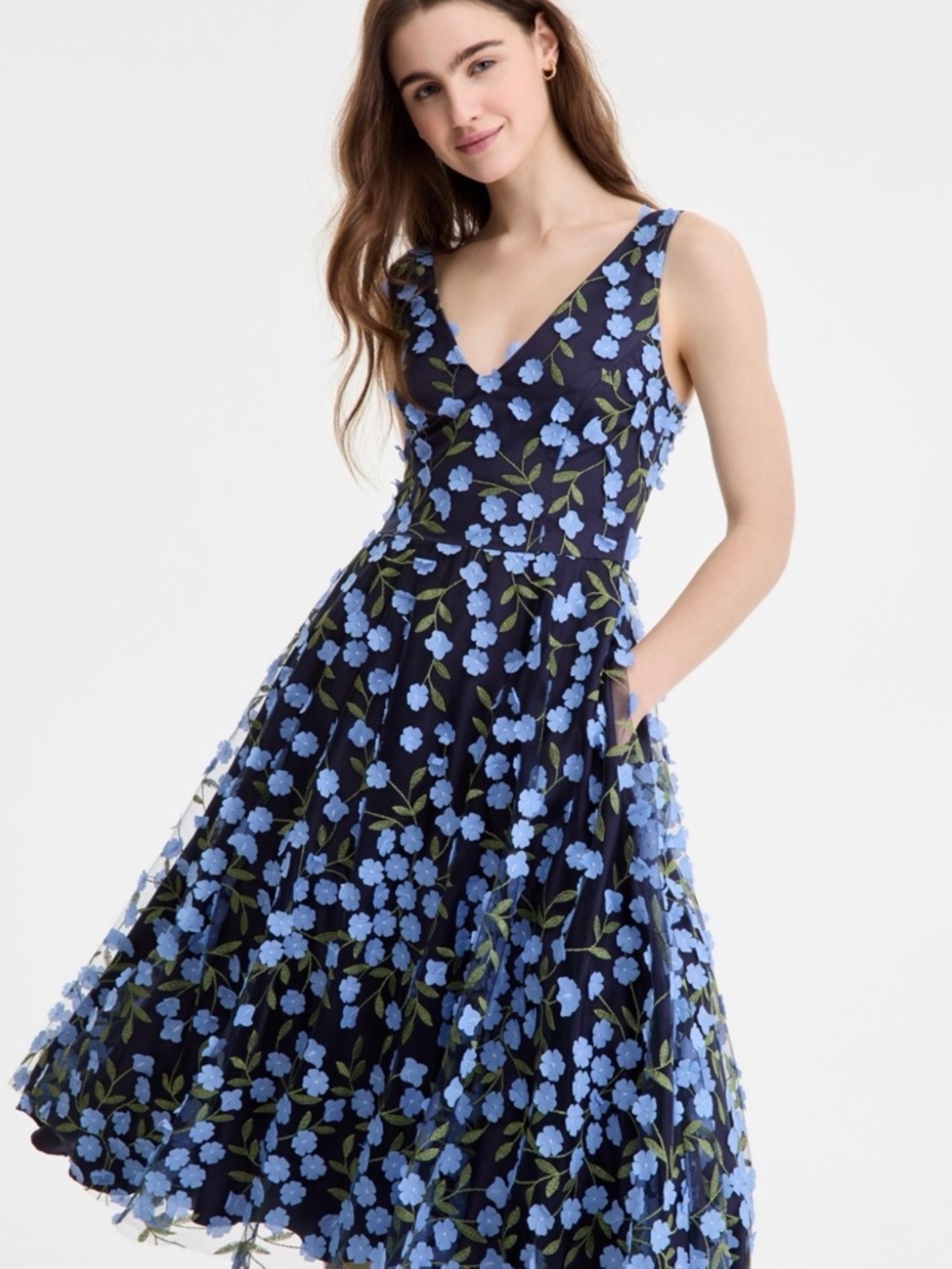 Eliza J Navy Blue Floral Embroidered Fit & Flare Midi Dress Size 2 NWT